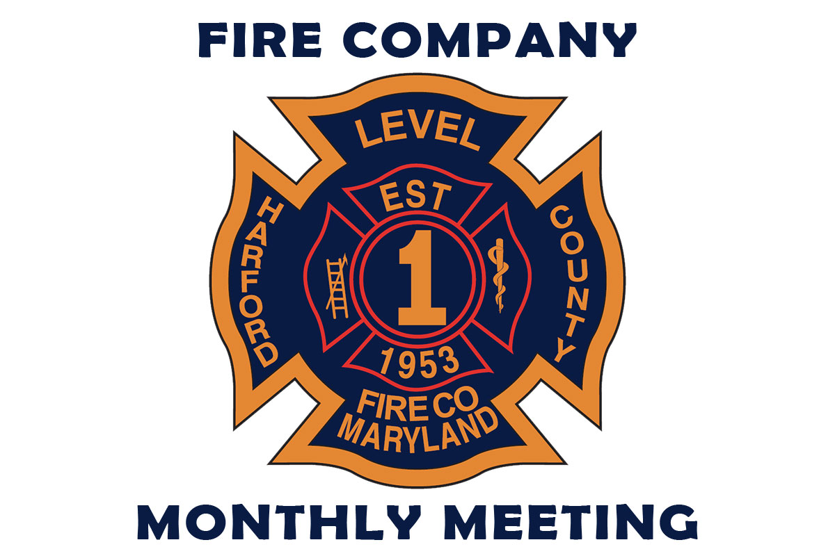 Fire company emblem featuring a Maltese cross with text: "Level" at the top, "Harford County" on the left, "Fire Co" at the bottom, "Maryland" on the right, with "Est 1953" and "1" in the center. Text above and below reads "Fire Company Monthly Meeting.