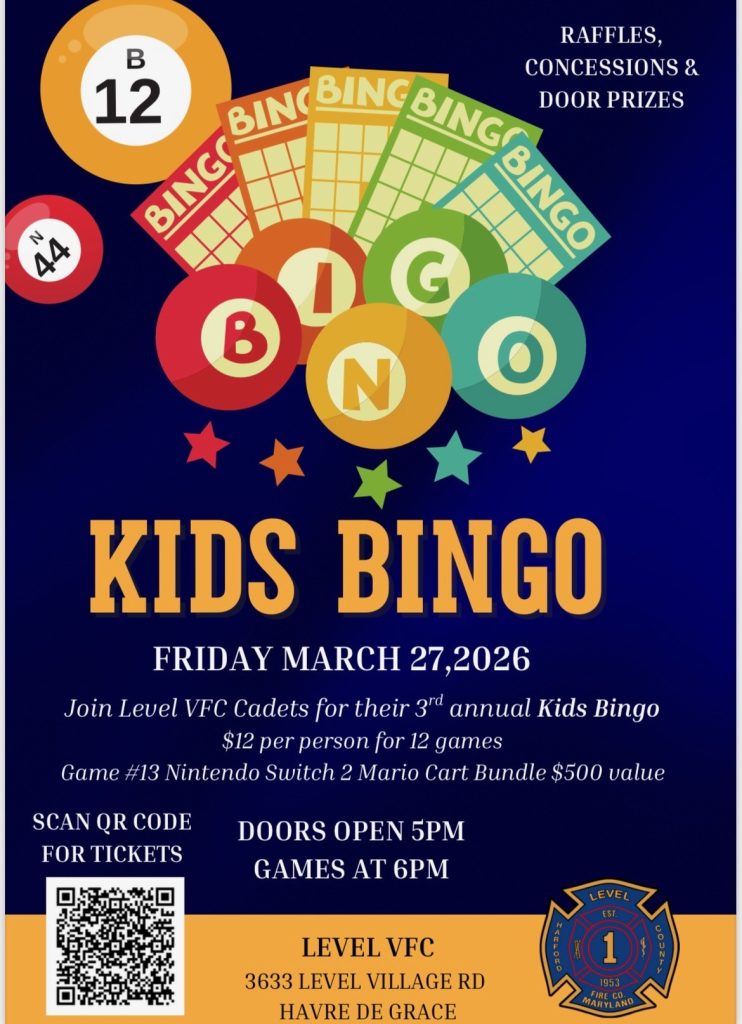 Colorful flyer for a Kids Bingo event on March 27, 2026. Bingo cards, balls, and event details, including time, ticket price, prizes, location (Level VFC, Havre de Grace), and a QR code for tickets.