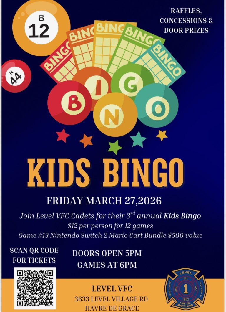 Colorful flyer for a Kids Bingo event on March 27, 2026. Bingo cards, balls, and event details, including time, ticket price, prizes, location (Level VFC, Havre de Grace), and a QR code for tickets.