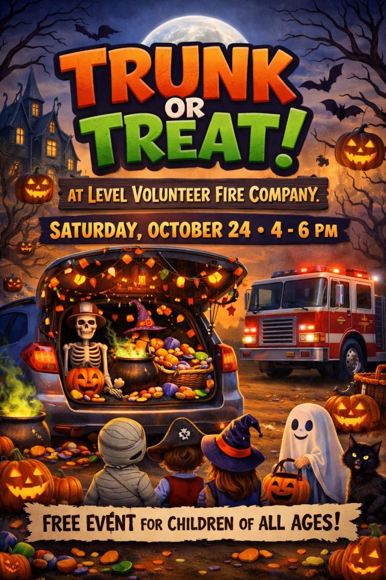 Poster for a “Trunk or Treat” Halloween event, showing kids in costumes by a decorated car trunk with pumpkins, a fire truck, jack-o’-lanterns, and a haunted house. Event details and time are included.